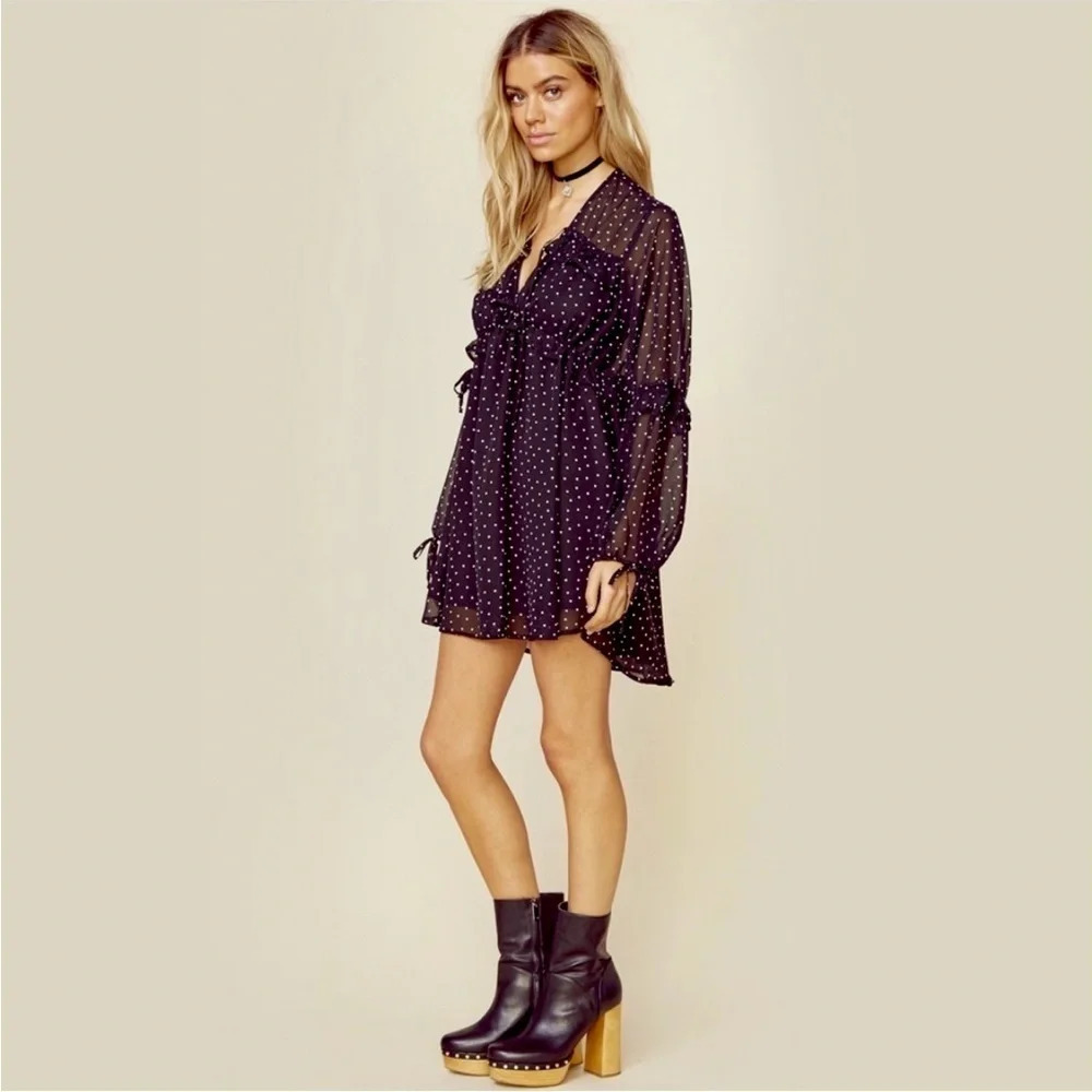 For Love & Lemons Truffles Polka Dot Babydoll Mini Dress Black Romantic Size S - Picture 5 of 11